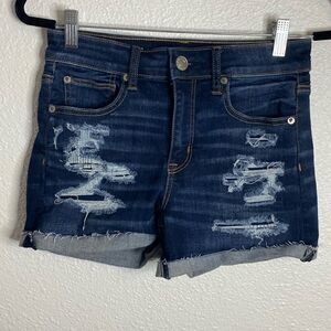 American Eagle- High rise shortie- dark Wash- distressed- Size 4